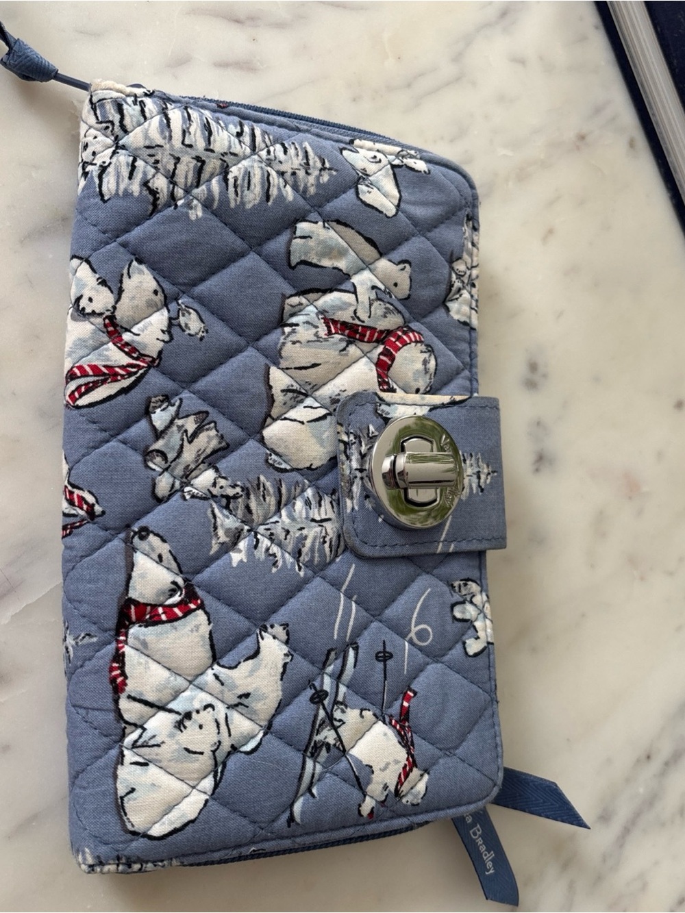 Vera Bradley Quilted Light Blue Polar Bear Print Wallet with Red Accents Beary